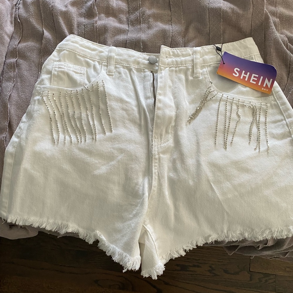 NWT Shein White Rhinestone Fringe Shorts
